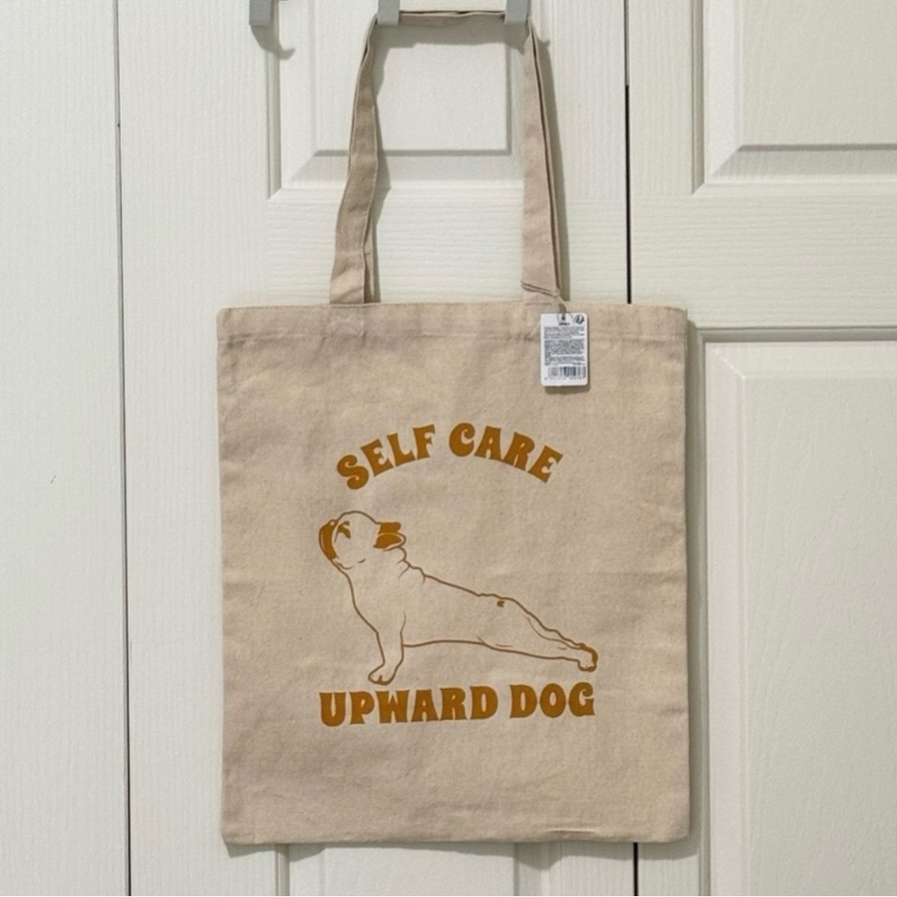 MINISO Frenchie Self Care Upward Dog Yoga Cotton Tote Bag NWT